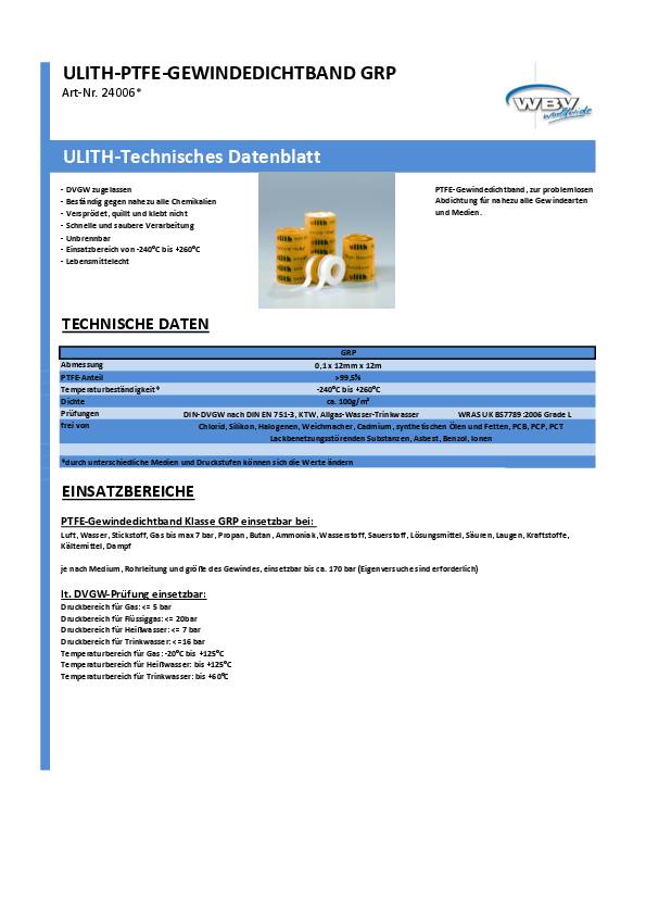 PTFE Dichtband GRp L12m B12mm D0,1mm 100g/m² Rl.ULITH