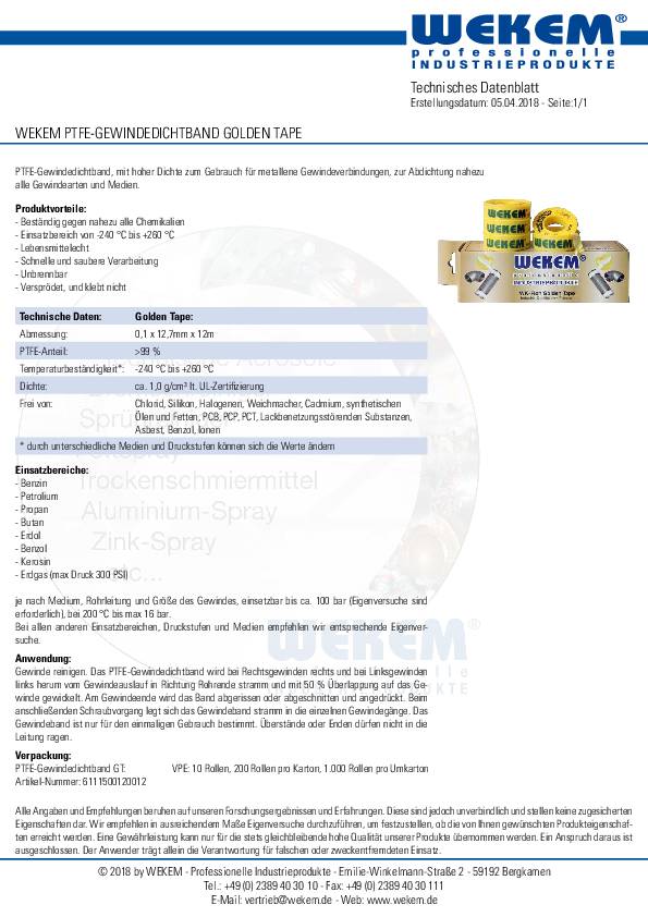 PTFE Dichtband Golden Tape L12m B12,7mm D0,1mm 100g/m² Spule WEKEM