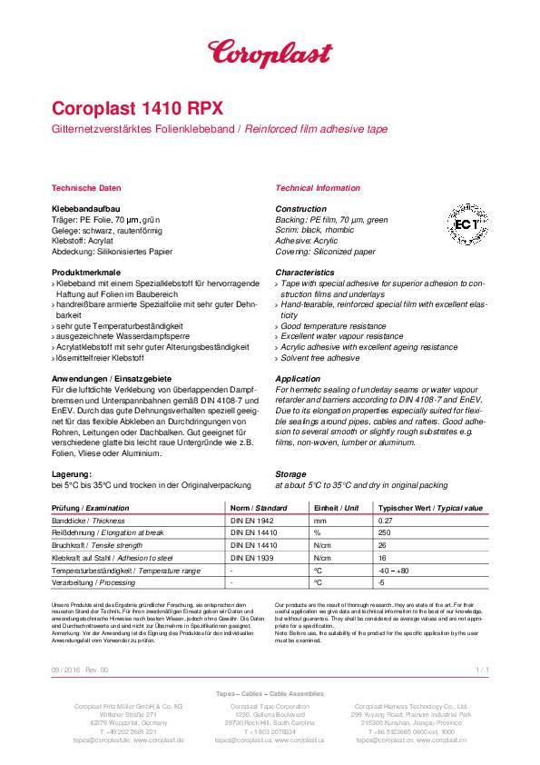 Spezialfolienklebeband 1410 RPX grün L.25m B.60mm Rl.COROPLAST