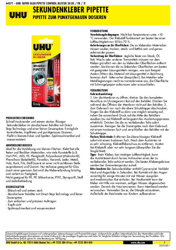 Sekundenkleber blitzschnell PIPETTE Control 3g farblos Tube UHU 10 Tuben