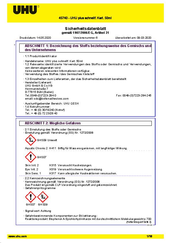 2K-Epoxidharzklebstoff PLUS SCHNELLFEST 57g farblos Doppelkart.UHU 6 Stück