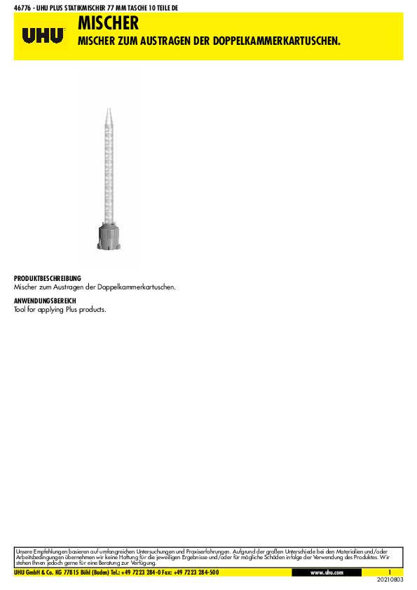 Statikmischer kurz 77mm f.UHU-Doppelkammerkartuschen UHU 10 Kartuschen