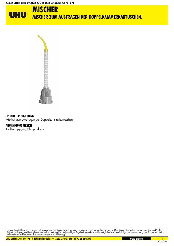 Statikmischer kurz,geb.70mm f.UHU-Doppelkammerkartuschen UHU 10 Kartuschen