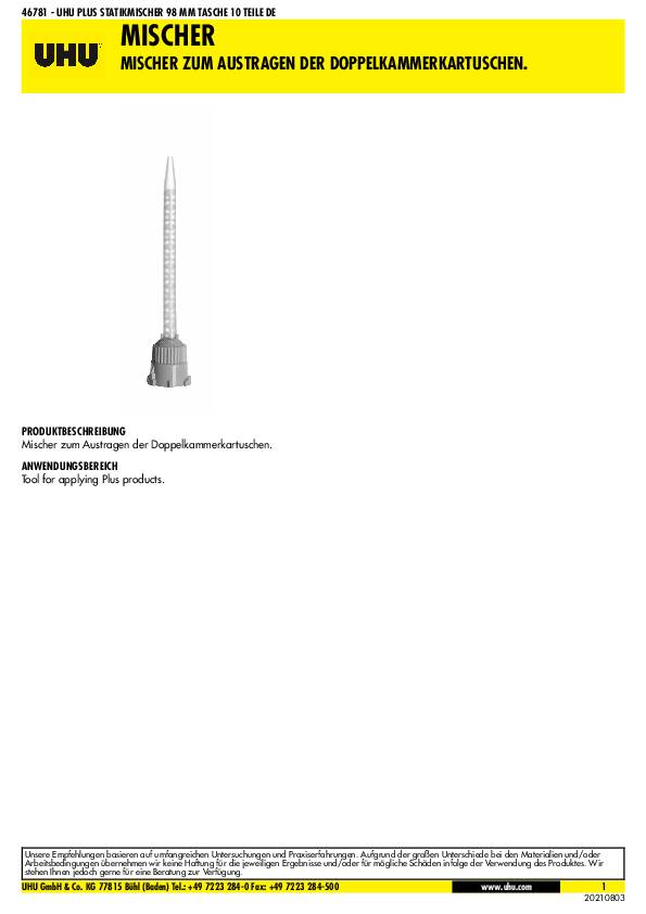 Statikmischer mittel 98mm f.UHU-Doppelkammerkartuschen UHU 10 Kartuschen