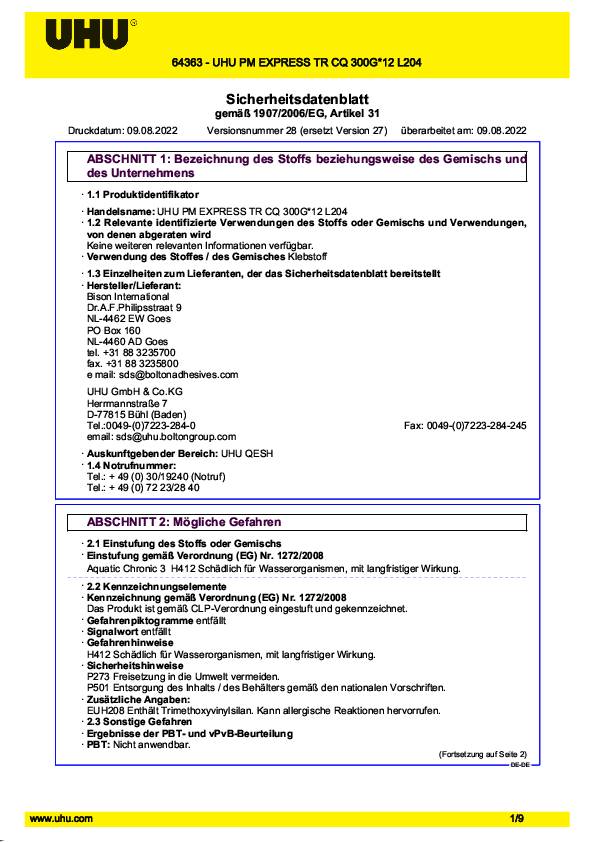 Kleb-/Dichtstoff POLY MAX POWER glasklar 300g Kartusche UHU 12 Kartuschen