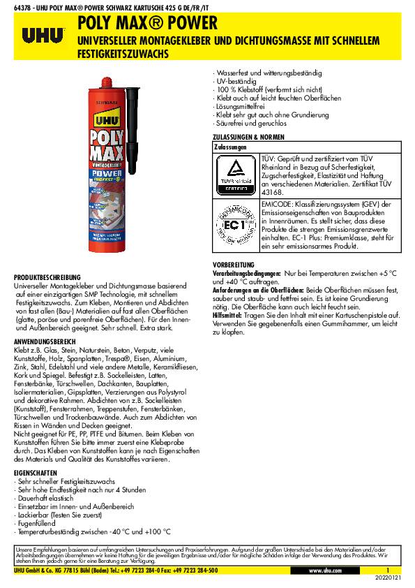 Kleb-/Dichtstoff POLY MAX POWER schwarz 425g Kartusche UHU 12 Kartuschen