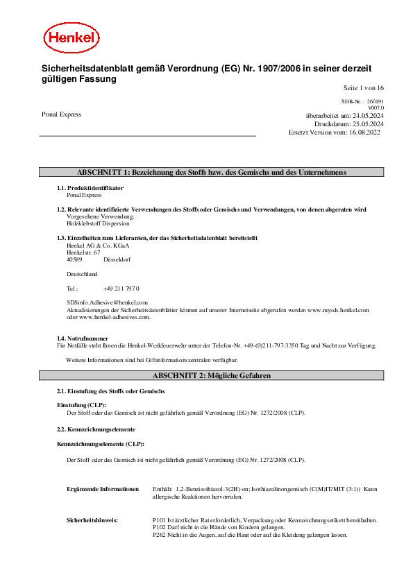 Holzleim Express 10kg EN 204: D1,D2 Eimer PONAL