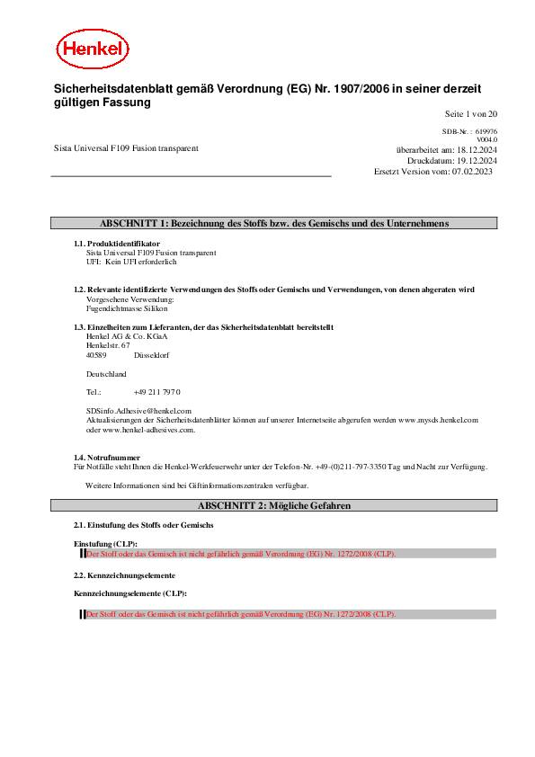 Silikondichtstoff F109 Fusion transp.300 ml Kartusche SISTA 12 Kartuschen