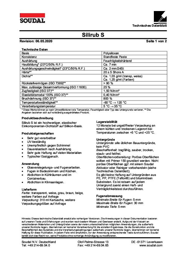 Sanitärsilikon Silirub S transp.300ml Kartusche SOUDAL 15 Kartuschen