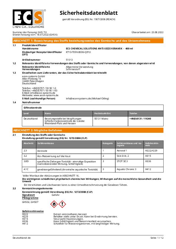 Anti-Seize Keramikpastenspray weiß 400ml Spraydose ECS CHEMICAL SOLUTIONS 12 Dosen
