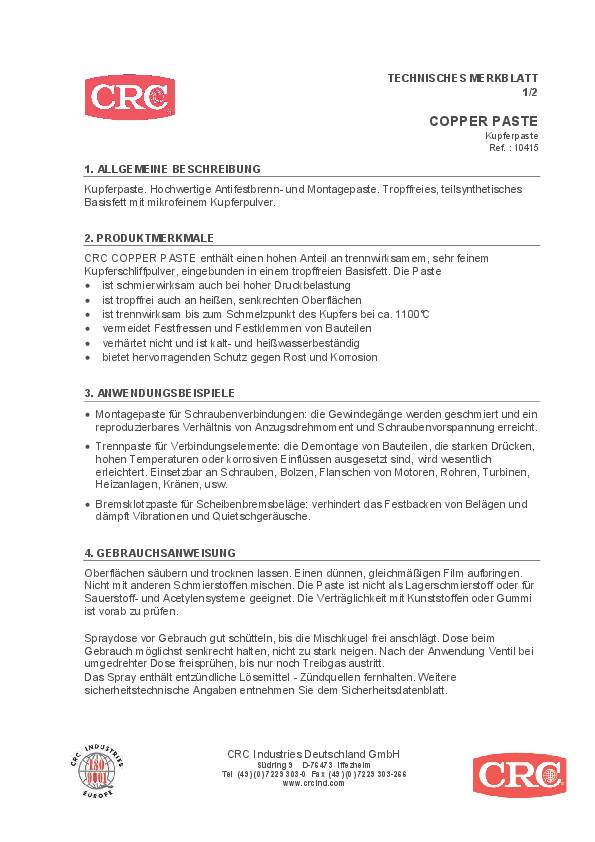 Kupferpaste COPPER PASTE 100 ml Tube CRC 12 Tuben