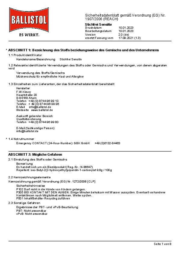 Mückenschutz Stichfrei® Sensitiv 100ml Pumpsprüher BALLISTOL 12 Stück