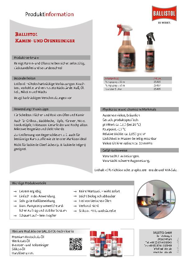 Kamin- u.Ofenreiniger KAMOFIX 750 ml Sprühflasche BALLISTOL 6 Stück