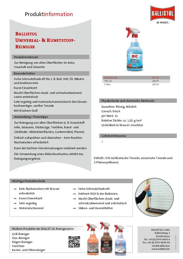 Universal- u.Kunststoff-Reiniger 750ml Sprühflasche BALLISTOL 6 Stück