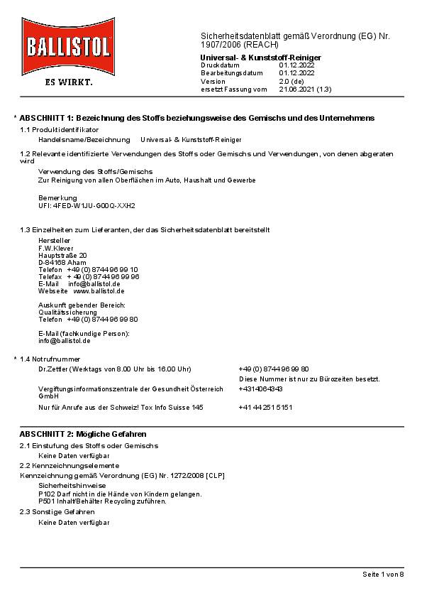 Universal- u.Kunststoff-Reiniger 750ml Sprühflasche BALLISTOL 6 Stück