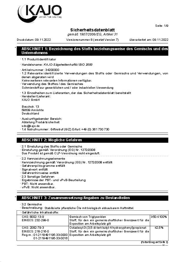 Sägekettenhaftöl BIO 2000 76 mm²/s (bei 40GradC) 5l Kanister KAJO