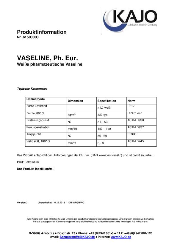 Vaseline 1kg weiß DAB10 (dt.Arzneimittelbuch) Dose KAJO 10 Dosen