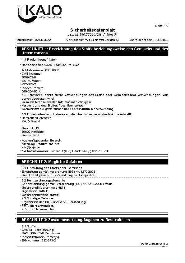 Vaseline 1kg weiß DAB10 (dt.Arzneimittelbuch) Dose KAJO 10 Dosen