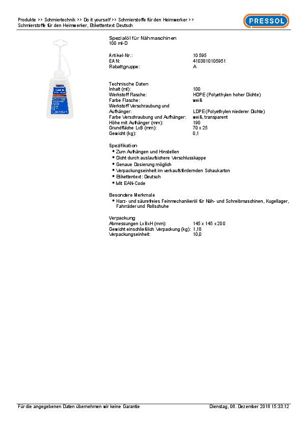 Feinmechaniköl 100 ml Flasche PRESSOL