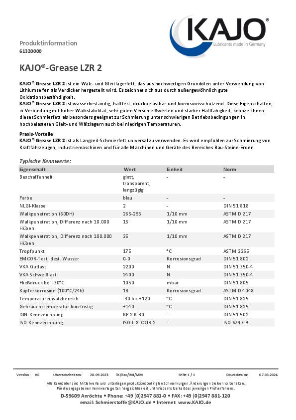 Langzeitfett LZR 2 blau 400g Kartusche KAJO 24 Kartuschen