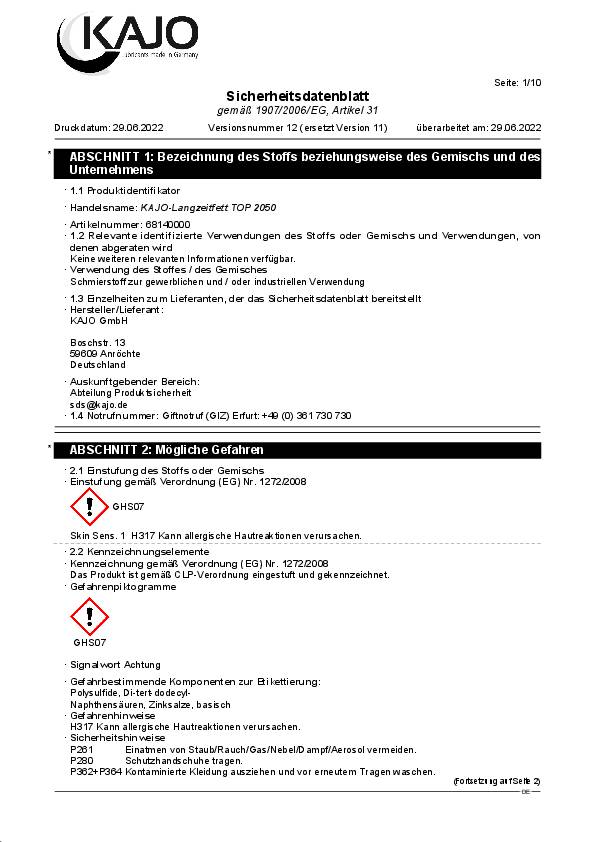 Langzeitfett TOP 2050 gelb 400g Kartusche KAJO 24 Kartuschen