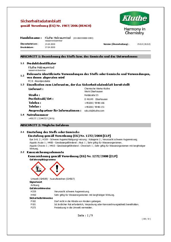 Holzschutzmittel Holzwurmtod farblos 0,75l Dose KLUTHE