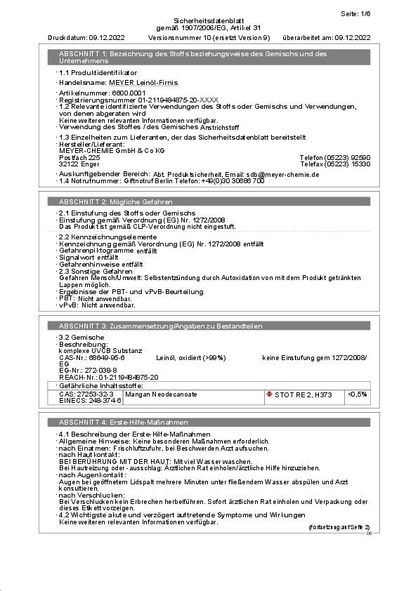 Leinöl-Firnis honigfarben 1l Dose MEYER 6 Dosen