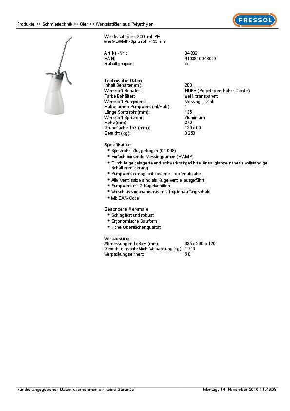 Spritzöler HDPE 200 ml einfache Pumpe PRESSOL