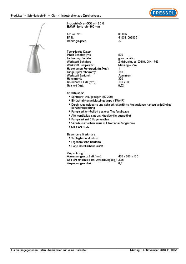 Industrieöler Zinkdruckg.500 ml einfache Pumpe PRESSOL