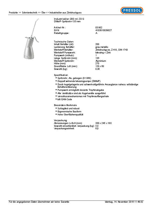 Industrieöler Zinkdruckg.200 ml Doppelpumpe PRESSOL