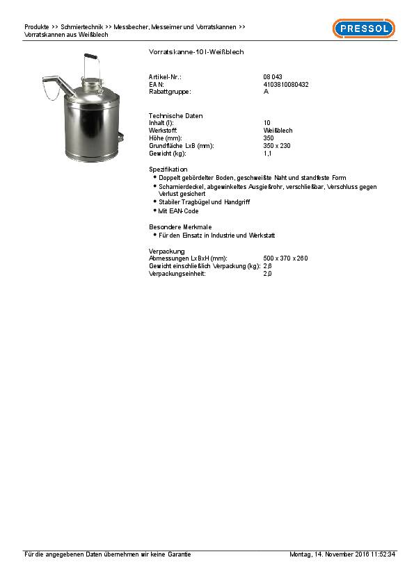 Ölvorratskanne Weißbl.Fassungsvermögen 10l PRESSOL