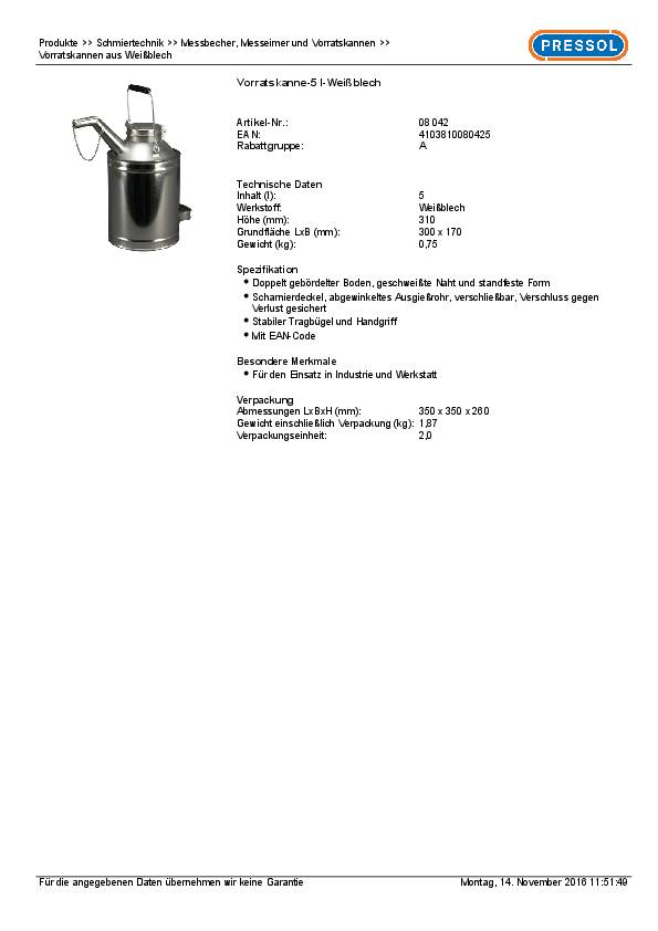 Ölvorratskanne Weißbl.Fassungsvermögen 5l PRESSOL