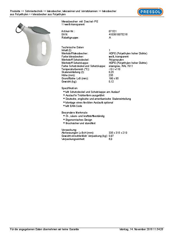 Messbecher 1l m.Schutzdeckel/Schutzkappe am Auslauf HDPE PRESSOL