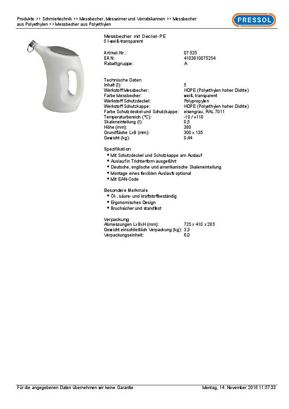Messbecher 5l m.Schutzdeckel/Schutzkappe am Auslauf HDPE PRESSOL