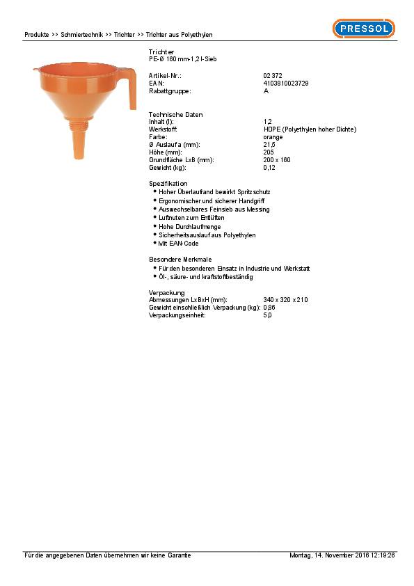 Trichter 160mm HDPE 1,3l PRESSOL