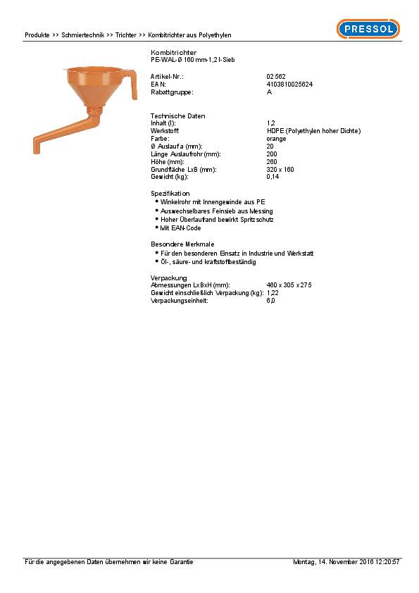 Trichter 160mm HDPE 1,2l PRESSOL