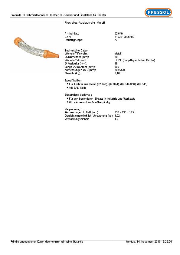 Auslaufrohr f.Trichter L.300mm PRESSOL