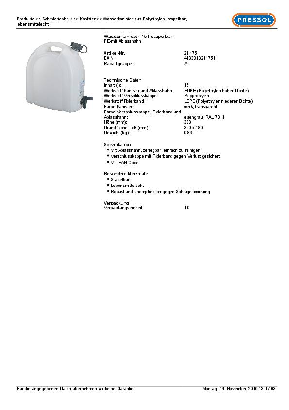 Wasserkanister 15l PE m.Ablasshahn HxBxTmm PRESSOL