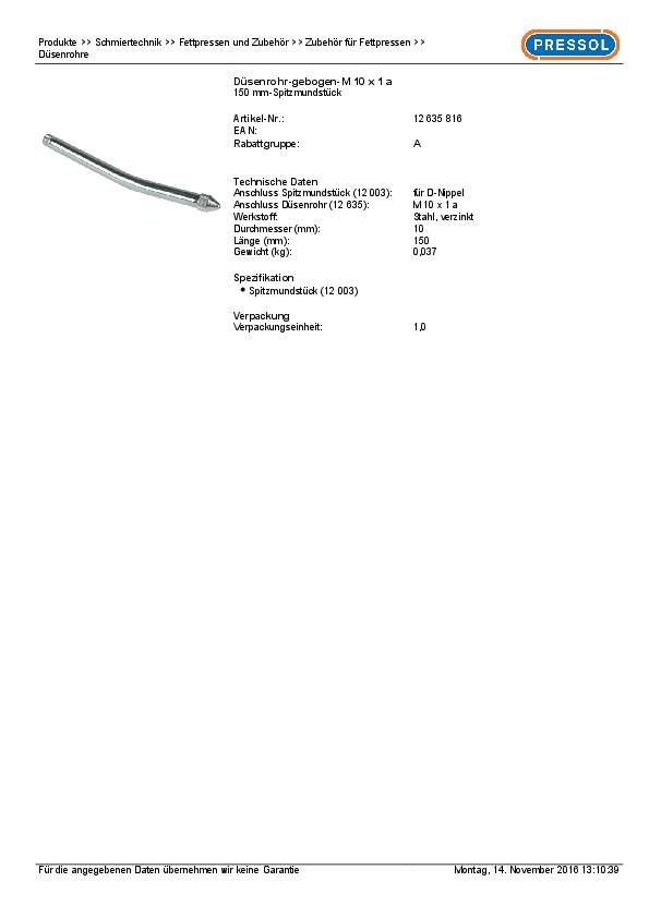 Düsenrohr m.Spitzmundstück M10 x 1 Länge150mm geb.PRESSOL