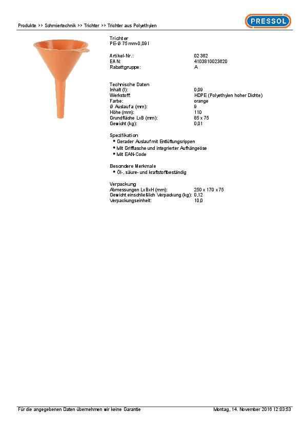 Trichter 75mm HDPE 0,09l PRESSOL