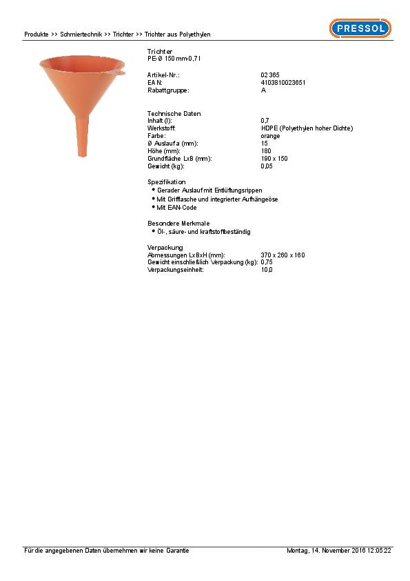 Trichter 150mm HDPE 0,7l PRESSOL