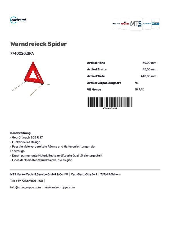 Warndreieck Spider Prüfzeichen ECE R 27 CARTREND 10 Stück