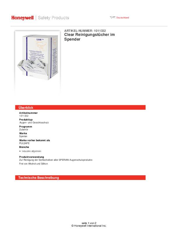 Reinigungstuch Clear alkohol-/silikonfrei 100 Tü.HONEYWELL