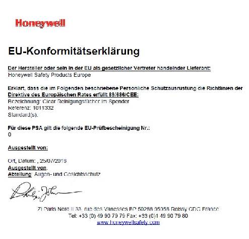 Reinigungstuch Clear alkohol-/silikonfrei 100 Tü.HONEYWELL