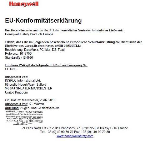 Vollsichtschutzbrille DuraMaxx EN 166 Rahmen blau,Scheibe klar PC Honeywell