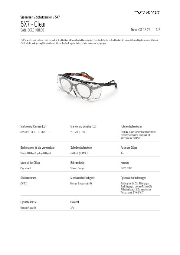 Schutzbrille 5X7010000 EN 166,EN 170 FT K Bügel schwarz,Scheibe klar PC UNIVET