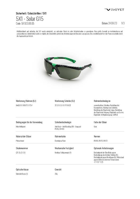 Schutzbrille 5X1030005 EN 166,EN 170,EN 172 FT KN Bügel grau/grün,Scheibe G15