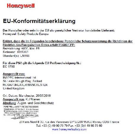 Schutzbrille A800 EN 166-1FT Bügel transparent,Scheibe klar PC HONEYWELL