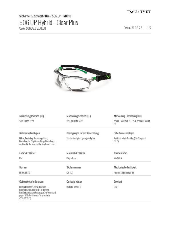 Schutzbrille 506 UP Hybrid EN 166,EN 170 Bügel weiß grün,Scheibe klar