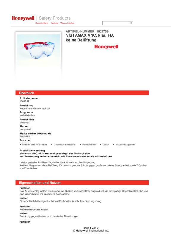 Vollsichtschutzbrille Vistamax VNC EN 166 Rahmen klar,Scheibe klar,kratzfest 10 Stück